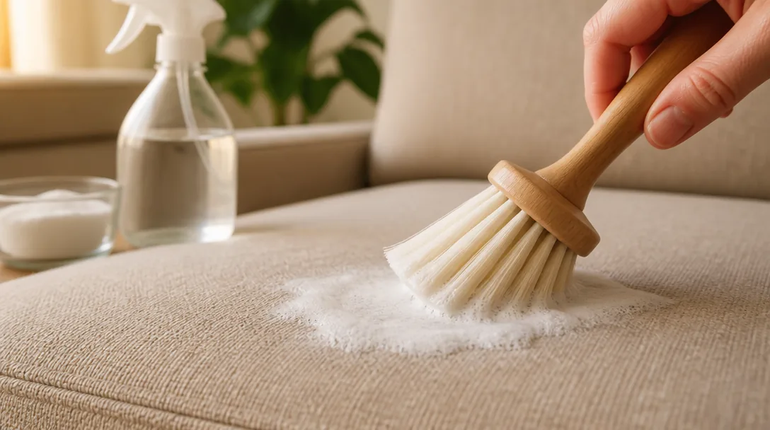 Närbild av mjuk borste som applicerar skumrengöring på beige tygsoffa, bikarbonat och ättikssprayflaska i bakgrunden