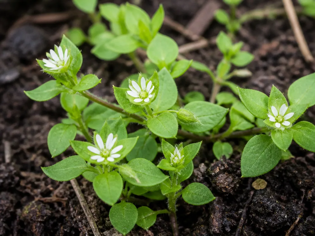 Närbild på våtarv med små vita stjärnformade blommor och äggrunda gröna blad